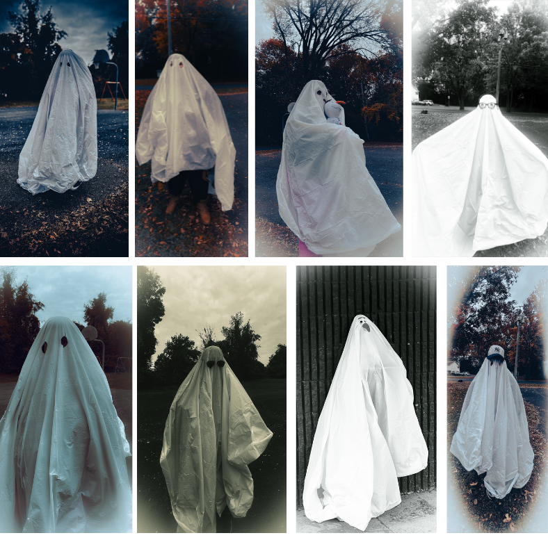 Image shows eight photos of people wearing white sheet ghost costumes. The photos have different editing techniques applied to them to make each look unique