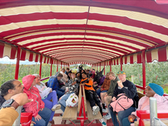 Image shows a group of people on a tractor ride. They are under a red and white striped canopy