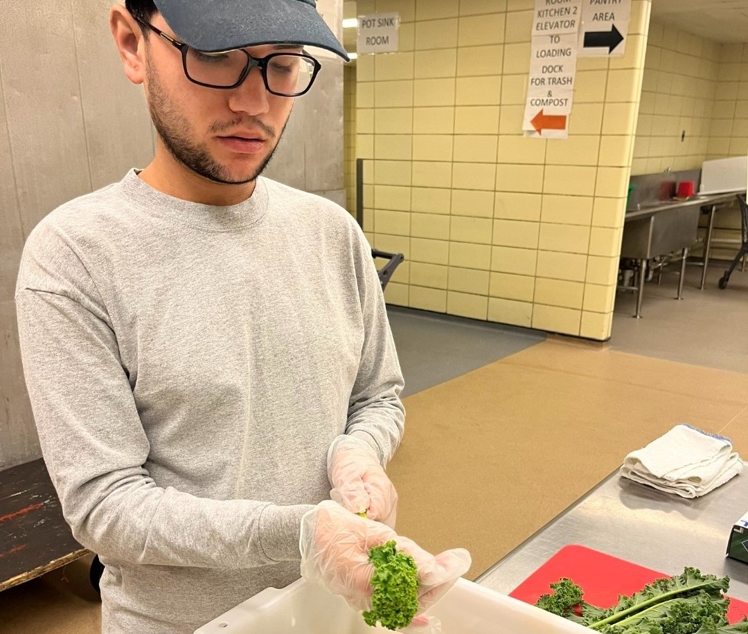 Photo shows newest co-op intern Jesse at work prepping lettuce. He is wearing a hat, and gloves.