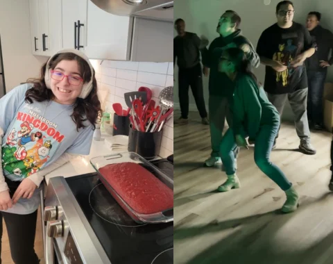 Two photos are stitched together, side by side. One shows a young woman in a kitchen. She poses next to a cake that has been baked. She is wearing headphones. The other shows a group of individuals dancing.
