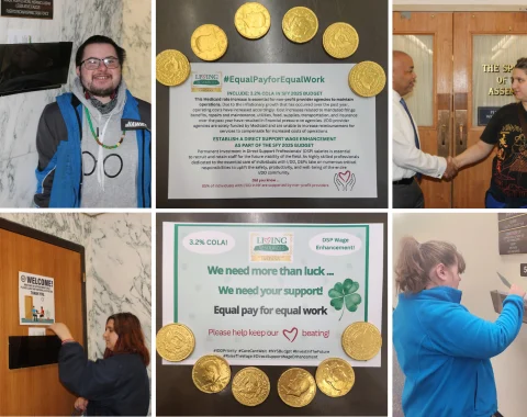 Six photos are arranged in a grid. Two show the front and back of an advocacy postcard, explaining the need for a 3.2% COLA and Direct Support Wage Enhancement. There are chocolate coins in the photos with the postcards. Other photos show individuals placing postcards in lawmakers’ mailboxes and shaking hands with the Assembly Speaker.