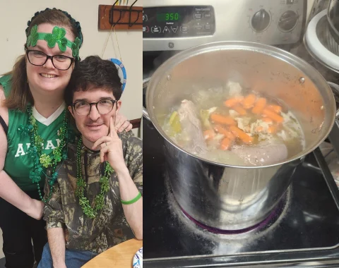Two photos are edited next to each other. One shows a pot of corned beef and cabbage cooking on a stove top. The other shows a man and a woman wearing green and smiling for the camera. They have shamrock necklaces on and the woman has on a shamrock headband.