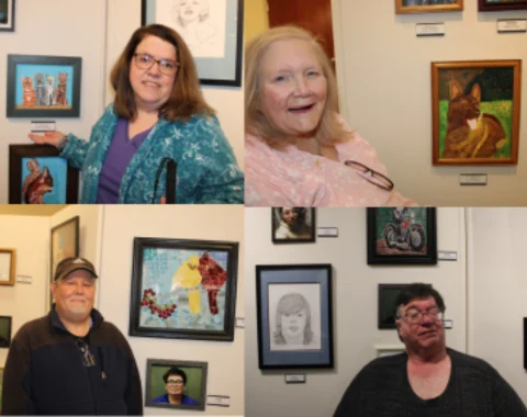 Collage of photos shows two women and two men posing next to their artwork.