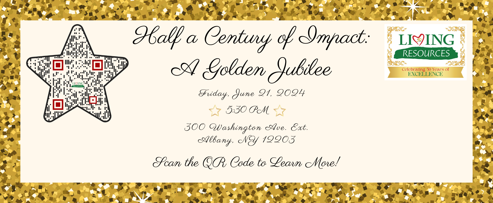 Text reads: Half a Century of Impact: A Golden Jubilee. Friday, June 21, 2024. 5:30 P.M. 300 Washington Ave. Ext. Albany NY 12203. Click here to join the celebration of Scan the QR Code to learn more! 