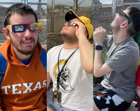 Three photos show College Experience students wearing eclipse glasses.