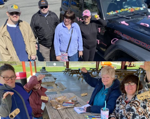 Collage of photos shows four individuals sit at a picnic table under a pavilion holding up bird feeders and four individuals standing next to a Jeep with rubber ducks on the dashboard.