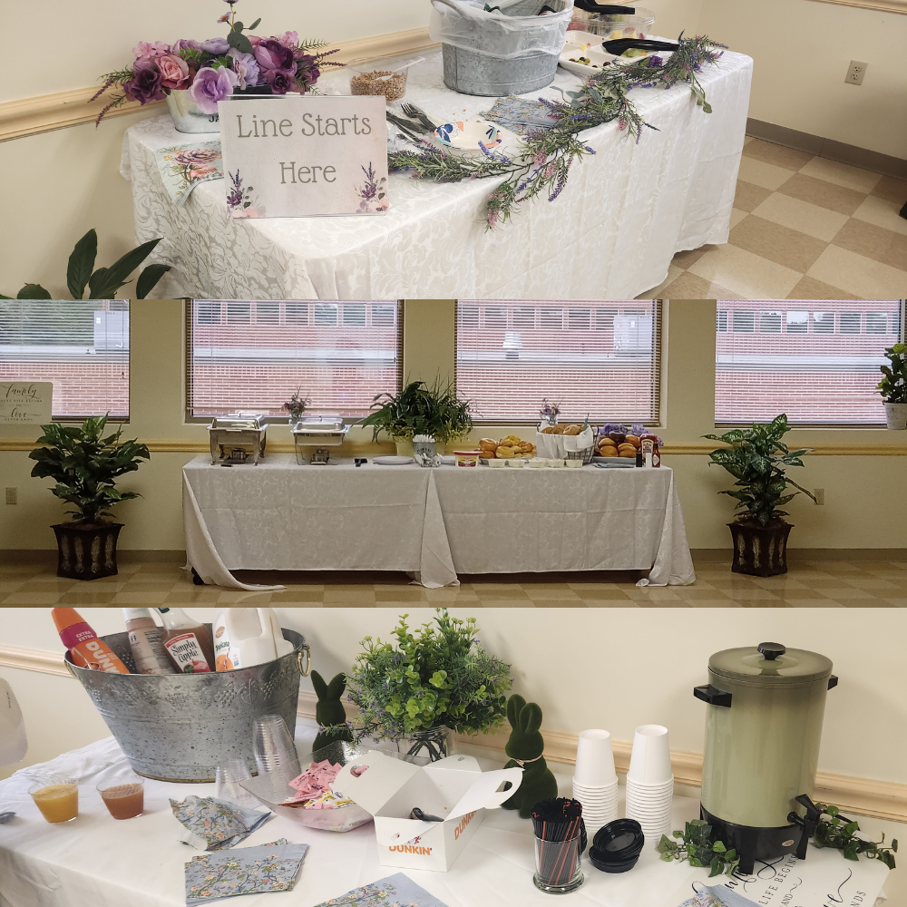 Staff Breakfast Collage 1 Decorated tables have serving trays of food, juice, coffee, and a sign that says "Line Starts Here" on them.