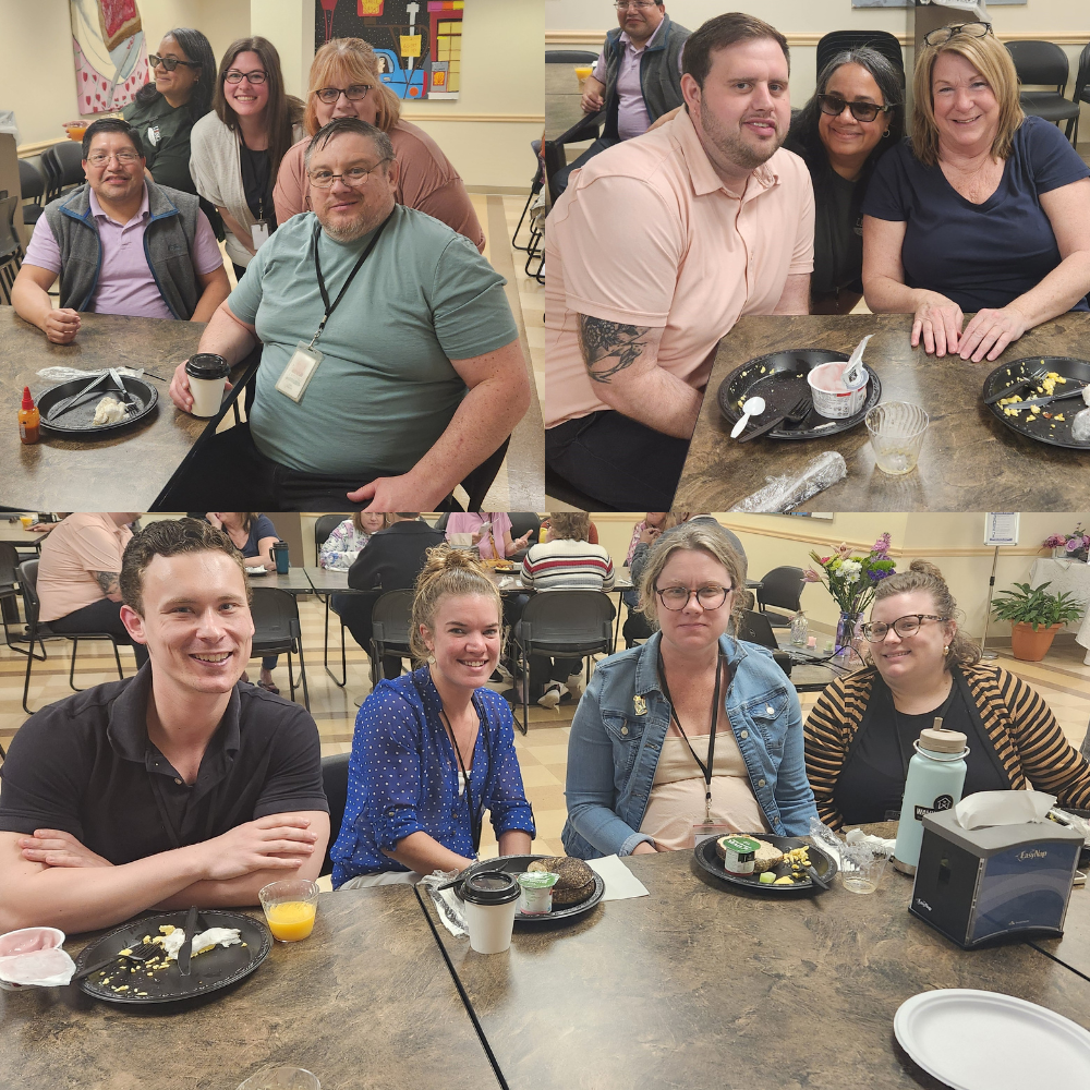 Collage shows people seated at tables eating breakfast