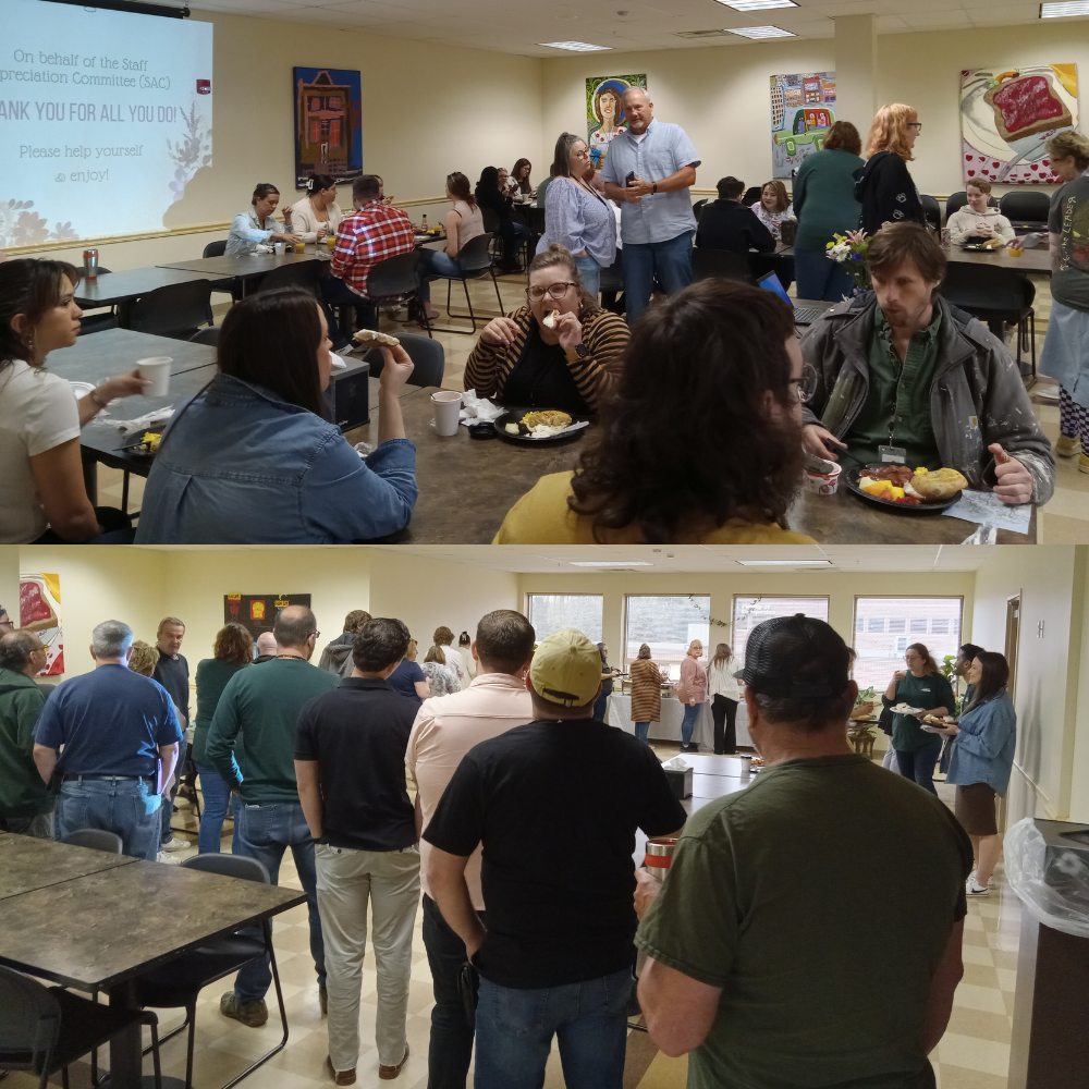 Staff Breakfast Collage 3 A large group is gathered for breakfast
