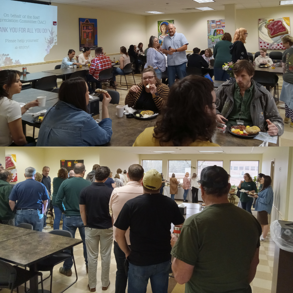 A large group is gathered for breakfast