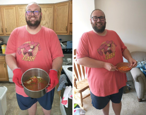 A side by side image of a man holding the food he cooked in a pot, on the left, then holding the same food in a dish on the right.