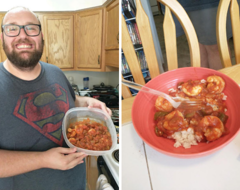 A side by side photo of a man holding the food he cooked in the kitchen, then on the right the food is plated in a bowl on the table.