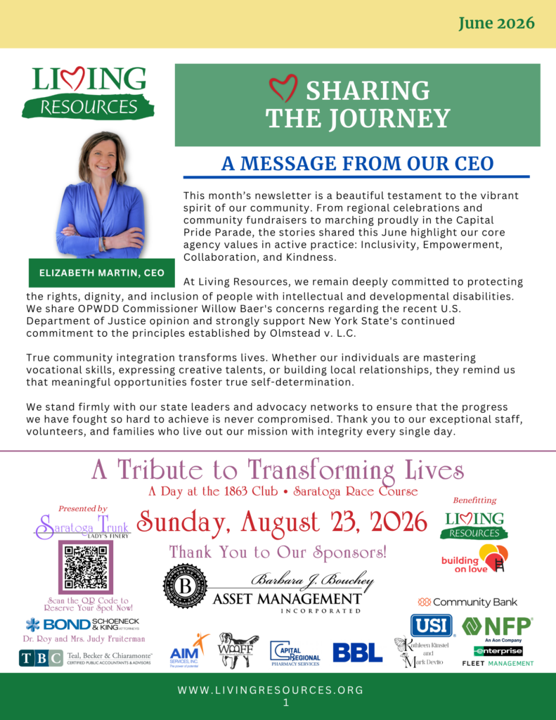 Image is of the front page of the sharing the journey newsletter. There is a picture of CEO elizabeth martin and her monthly CEO message. There is an ad for A Tribute to Transforming lives at the bottom with sponsor logos.