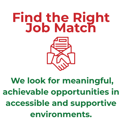 4 In red at the top the image reads "find the right job match" below that a red graphic depicts two shaking hands with a document in the background. Below the graphic, the text reads "we look for meaningful achievable opportunities in accessible and supportive environments.