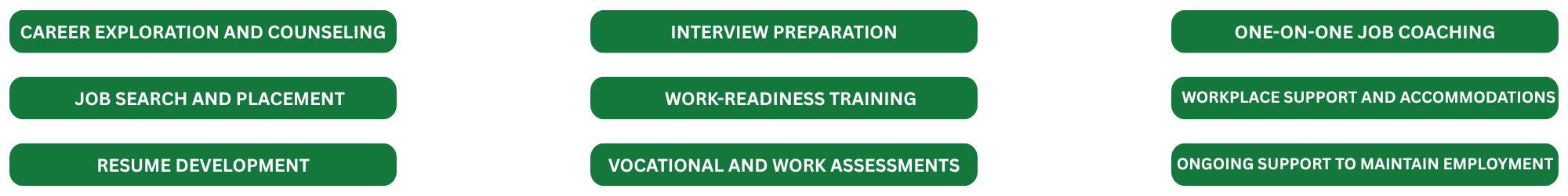 Career exploration and counseling (1) Image is a list of 9 items including career exploration and counseling, job search and placement, resume development, interview preparation, work-readiness training, vocational and work assessments, one-on-one job coaching, workplace support and accommodations, and ongoing support to maintain employment.
