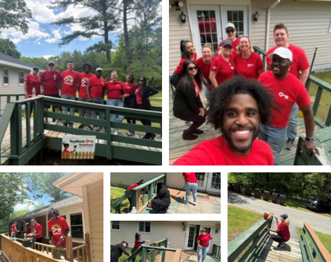 Image is a collage showing keybank employees painting a wheelchair ramp at one of living resources residential homes. The employees are all wearing red keybank shirts and are painting the deck and ramp brown.