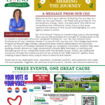 A flyer for the August 2026 issue of Living Resources' newsletter, "Sharing the Journey." At the top left is the green and white Living Resources logo, and at the top right is a banner reading "Sharing the Journey" with white flowers on a gold background. Below the header is a section titled "A MESSAGE FROM OUR CEO." On the left is a photo of Elizabeth Martin, CEO, a smiling woman with shoulder-length brown hair wearing a blue top, framed by a red box labeled "ELIZABETH MARTIN, CEO." To the right is a letter thanking supporters and summarizing recent community events, including the 5th Annual Tribute to Transforming Lives, welcoming new freshmen to The College Experience Program at Russell Sage College, a Brooks BBQ fundraiser, a residential home revitalization project with The Bonadio Group, and the "888 Unbound" gallery show. The bottom half of the page is titled "THREE EVENTS, ONE GREAT CAUSE" with a subhead encouraging readers to scan a QR code or visit livingresources.org/upcoming-events/. It highlights three event banners: Voter Registration Event: Text reading "YOUR VOTE IS YOUR VOICE. JOIN US FOR A VOTER REGISTRATION EVENT!" taking place Thursday, September 10 from 11 AM to 2 PM at 300 Washington Ave Ext, Albany, NY. It features logos for Living Resources, Independent Living Center of the Hudson Valley, Spina Bifida Association of New York State, and HeadCount. Golf Tournament: A banner for the Joseph J. Morelli Memorial Golf Tournament taking place Friday, September 18, 2026, at Colonie Golf & Country Club in Voorheesville, NY, sponsored by Marshall & Sterling. Photos depict golfers on the course. Workplace Inclusivity Event: A graphic for "THE POWER OF POSSIBILITIES: CREATING INCLUSIVE WORKPLACES" taking place October 1, 2026, from 8:30 AM to 10:00 AM at Duo at the Dunes, hosted by Living Resources and Northern Rivers, with logos for sponsors including DeCrescente, USI, BBL, Northwestern Mutual, BPI, and Rosewood. At the bottom left is a stylized red drawn heart, at the bottom right is a large QR code, and centered at the bottom is the website WWW.LIVINGRESOURCES.ORG and page number 1..