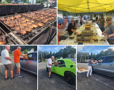 A photo collage showing scenes from a Brooks House BBQ fundraising event at Fogg’s Automotive for Living Resources, featuring long open-air pits filled with grilling chicken, volunteers preparing take-out meal containers under a yellow tent, and volunteers handing bags of food to drivers in a drive-thru line.