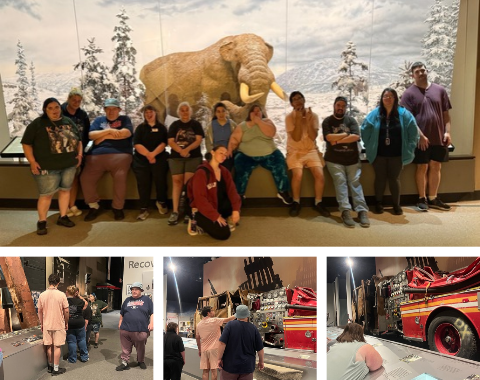 A photo collage showing a group trip to a museum, featuring four panel images: Top: A large group of people poses together in front of a life-sized mammoth exhibit backdrop with snowy trees and mountains. Bottom Left: Visitors look at museum displays inside an exhibit hall. Bottom Middle: Group members observe a damaged fire engine display in an exhibit dedicated to emergency response and history. Bottom Right: A person stands looking closely at the front of a historic red fire truck exhibit.