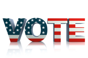 Vote Lettering A graphic showing the word "VOTE" in large, three-dimensional capital letters set against a clean white background. The left letters ("V" and "O") feature a blue field with white stars, while the right letters ("T" and "E") feature red and white horizontal stripes, mimicking the U.S. flag design. The letters sit on a reflective white surface.