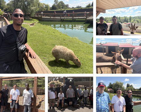 A photo collage showing a group outing to a zoo or animal park, featuring six panel images: Top Left: A smiling man in sunglasses and a black shirt leans against a wooden railing overlooking a grassy enclosure where a capybara grazes near a pond. Top Right: Two men pose under a shaded pavilion with a giraffe peeking into the frame behind them. Middle Right: A man reaches over a wooden fence to gently pet a donkey on the head. Bottom Left: Three men stand together in front of a wooden fence enclosure. Bottom Middle: A group poses together outside around a large, dark bear statue. Bottom Right: Three men smile for a close-up group photo on a bright, sunny day with a pond in the background.