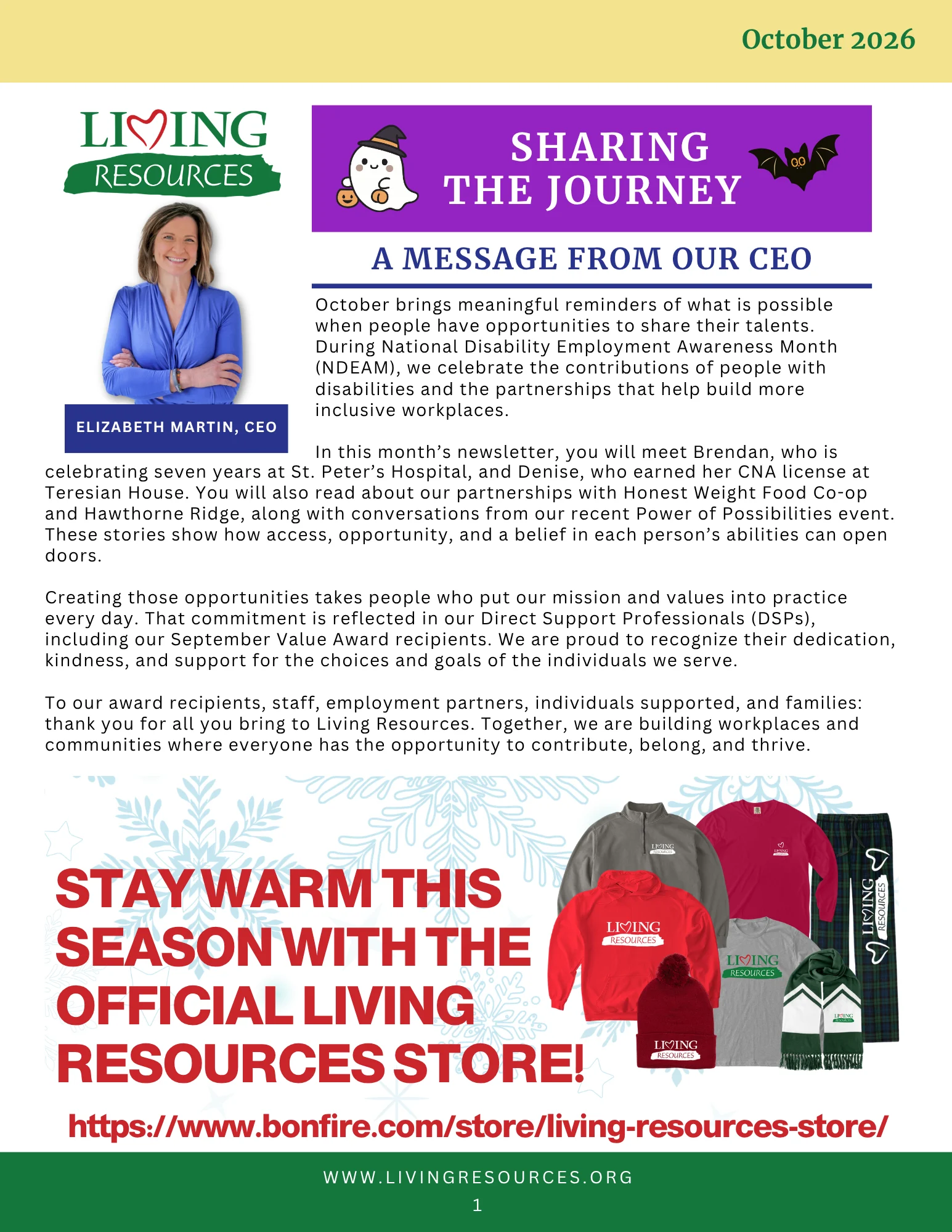 October 2026 newsletter header for Living Resources titled "Sharing the Journey," featuring a message from CEO Elizabeth Martin celebrating National Disability Employment Awareness Month (NDEAM), alongside a promotional section for the official Living Resources store apparel at bonfire.com/store/living-resources-store.