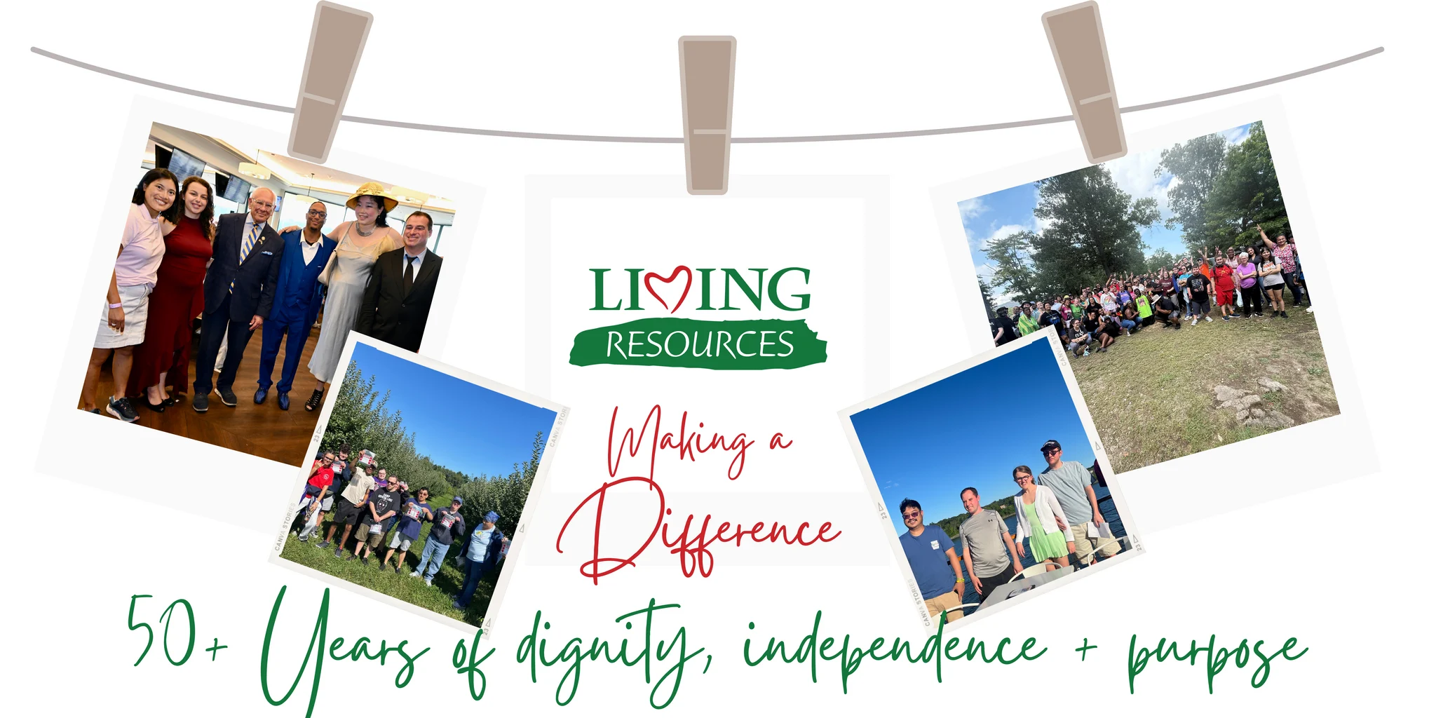 Website banner titled "50+ Years of dignity, independence + purpose" featuring the Living Resources logo centered between photos pinned to a clothesline. The logo displays "LIVING RESOURCES" with a red heart in place of the second "I" in "LIVING". Cursive text underneath reads "Making a Difference". Surrounding the central text are four square photo prints: Top Left: A group of six formally dressed people posing together indoors. Bottom Left: A group gathering outdoors in a grassy field near fruit trees. Top Right: A large crowd of people standing together outdoors on a sunny day. Bottom Right: Four people outdoors standing near water under a blue sky.