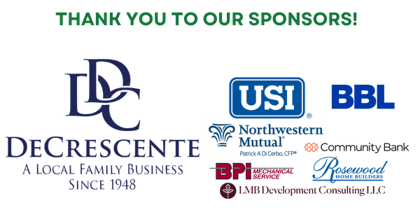 A promotional banner titled "THANK YOU TO OUR SPONSORS!" in bold green text set against a white background. Prominently featured on the left is the large logo for DeCrescente, accompanied by the text "A Local Family Business Since 1948." On the right, additional sponsor logos are arranged, including USI, BBL, Northwestern Mutual (Patrick A Di Cerbo, CFP®), Community Bank, BPI Mechanical Service, Rosewood Home Builders, and LMB Development Consulting LLC.
