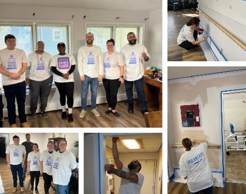 A collage of six photos showing volunteers working together on a building improvement project, including group portraits of people in matching white shirts and individuals painting walls and trimming doorways.