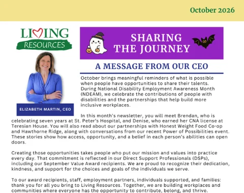 Living Resources October 2026 newsletter graphic titled "Sharing The Journey: A Message From Our CEO" featuring CEO Elizabeth Martin. The text addresses National Disability Employment Awareness Month (NDEAM) and highlights stories of individuals supported, community partnerships, Direct Support Professionals, and September Value Award recipients.